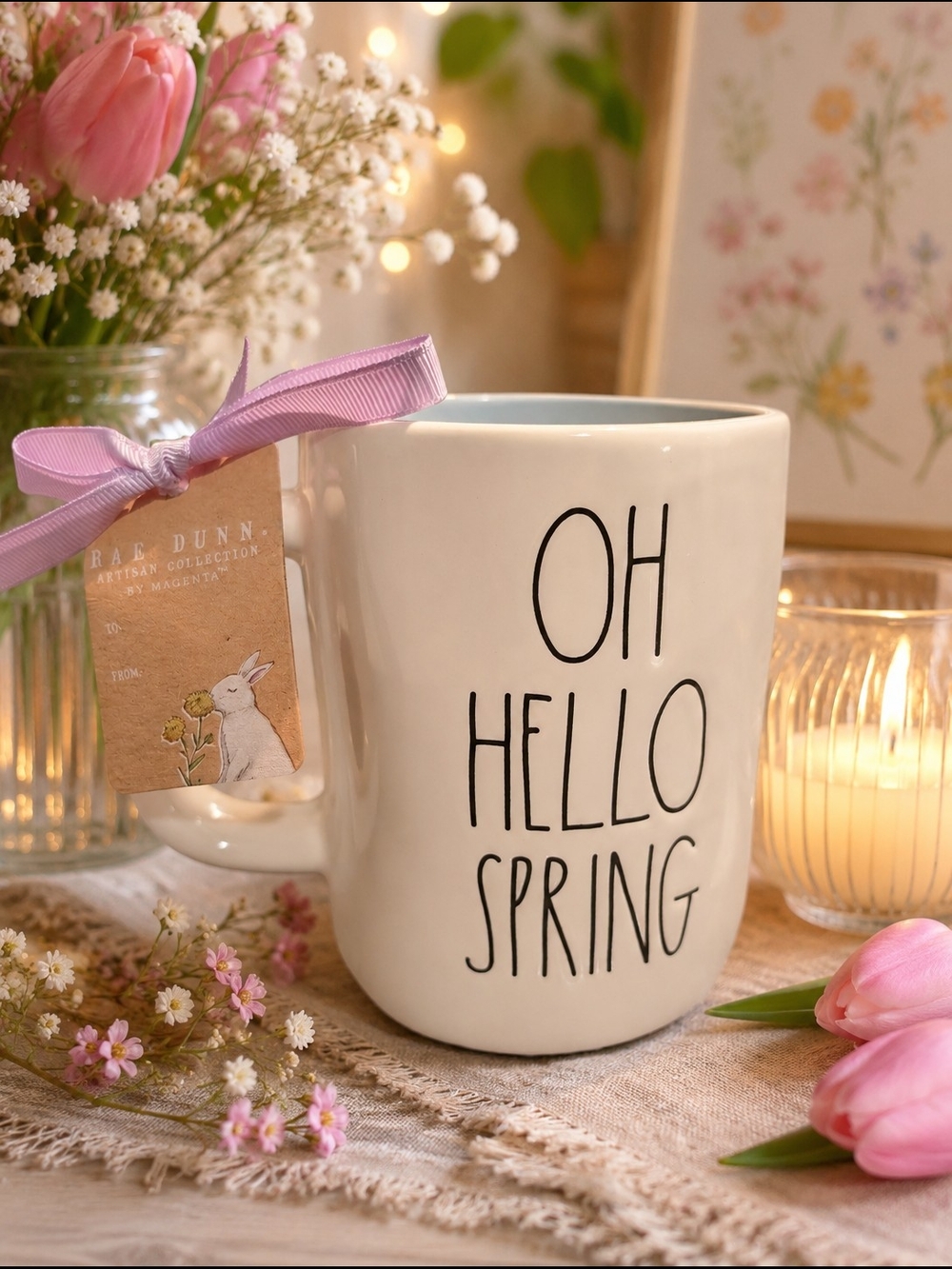 Rae Dunn Cream Ceramic Mug with Black Lettering - "Oh Hello Spring"